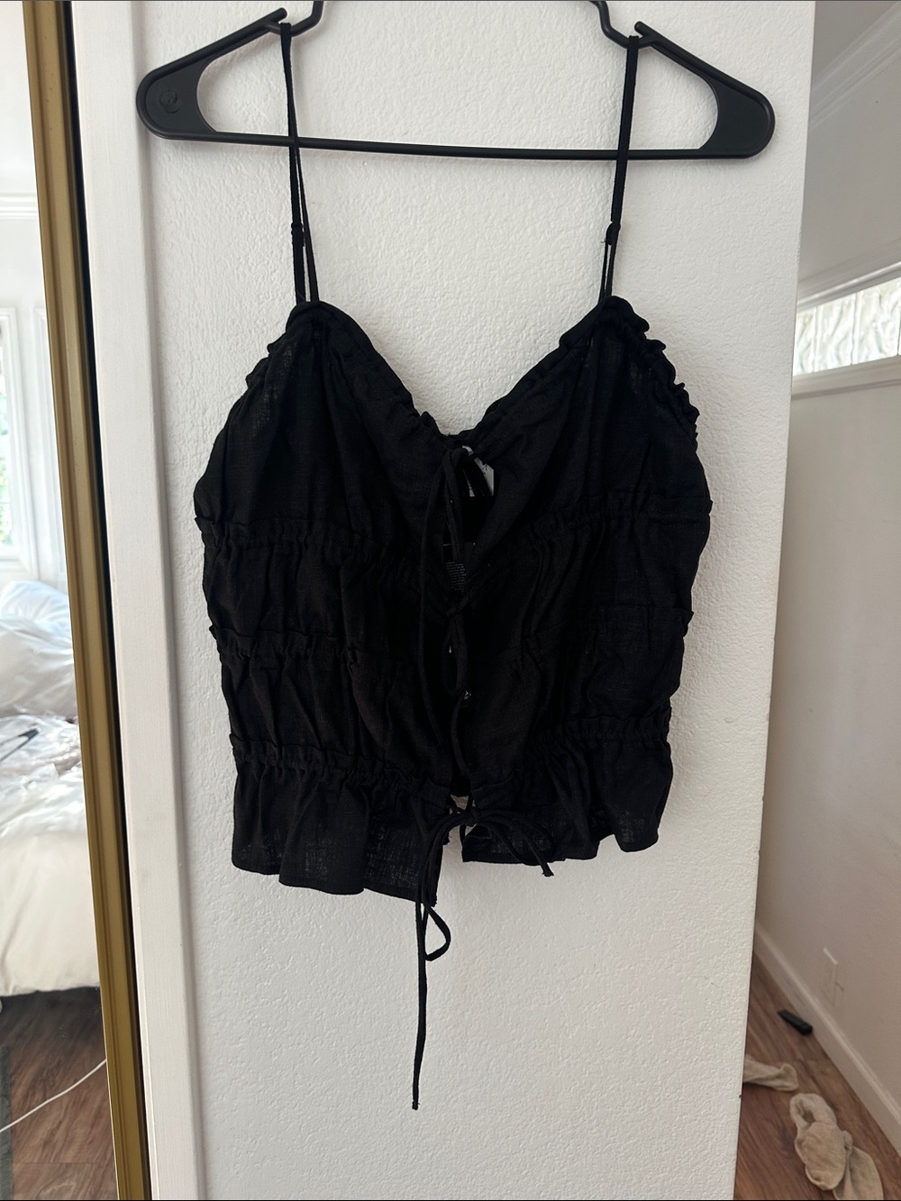 Divided Black Tie-Front Ruched Cami